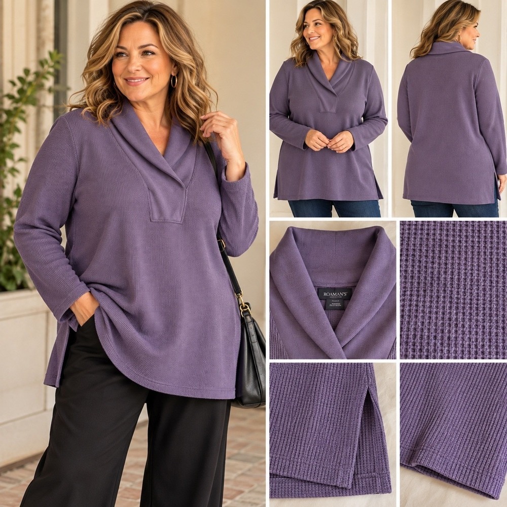 Roaman's Purple Waffle Knit Cowl Neck Tunic Sweater Plus Size 18/20 Lagenlook